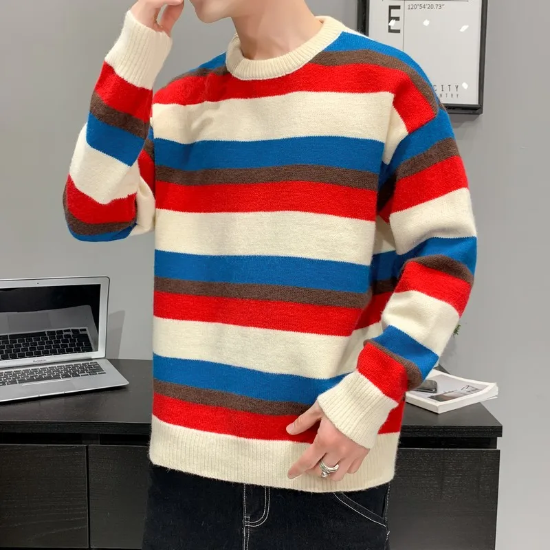 

Striped sweater men's long sleeve round neck knit color contrast loose warm clothes academy style