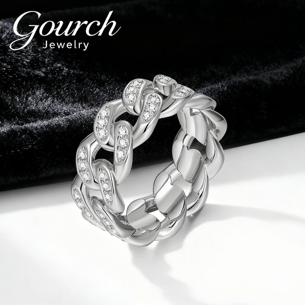

Gourch D VVS1 Moissanite Cuban Chain Link Ring S925 Silver Trendy Streetwear Luxury Women Men Daily Wear Birthday Gift Jewelry
