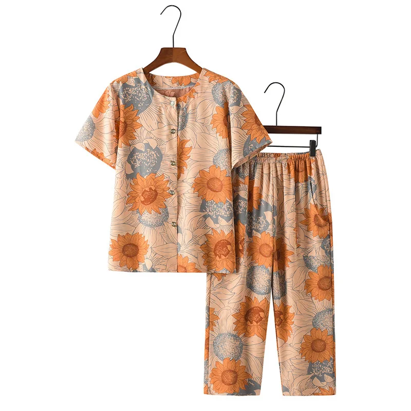 Middle Aged Mother Summer Short Sleeve Suit Floral Two-piece Cardigan Pajama Sets Plus size Homewear Outside Wear Pyjama Femme