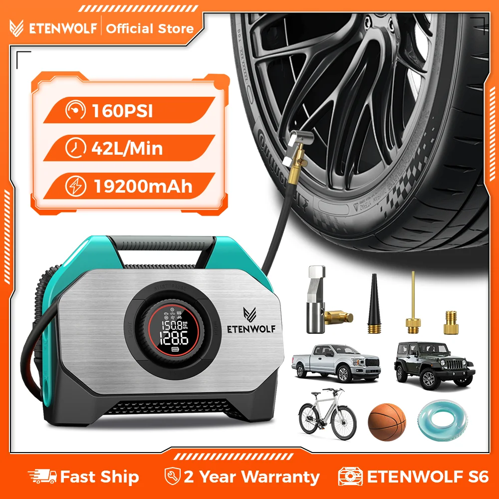 Новый портативный насос для накачивания шин ETENWOLF S6, 100% рабочий цикл и двухцилиндровый воздушный компрессор 19200 мАч, воздушный компрессор для автомобильных шин, велосипедный воздушный насос