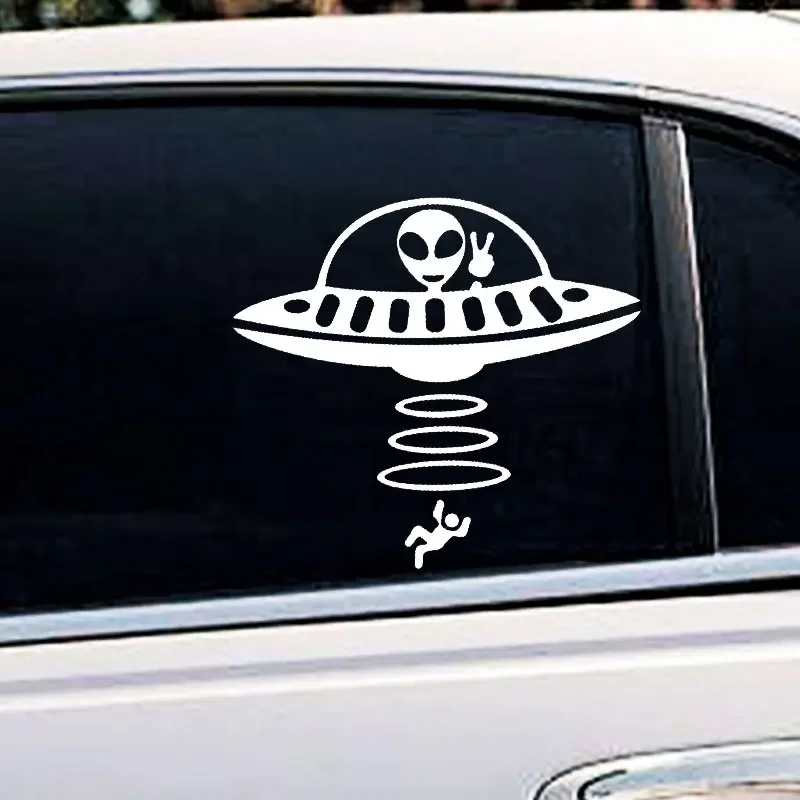 New Design UFO Fun Creative Jeep Car Decal Decorative Paper Wind Glass Alien Abduction Reflective Cartoon Waterproof Decal, 10cm