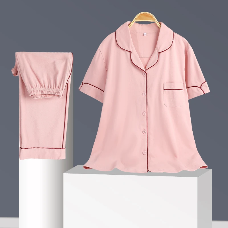 Summer casual full pure cotton women pajama sets cute pink short sleeve tops + long pants 2 pieces sleepwear women pyjama femme