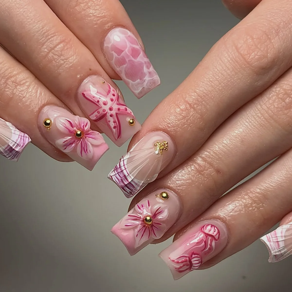 

Ocean wind wearing armor medium square pink 3D three-dimensional flower jellyfish steel ball decoration removable fake nail