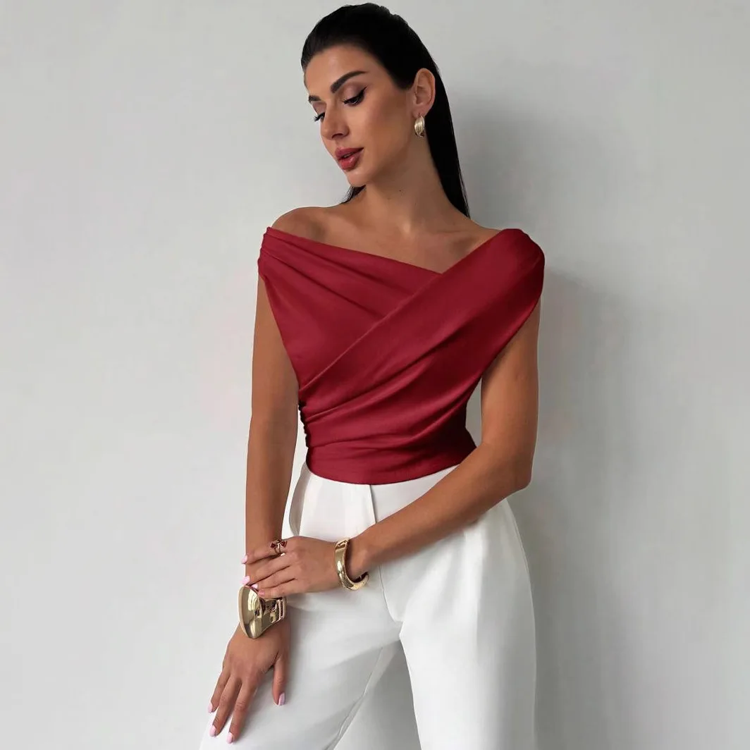 2026 Women’s Elegant Off Shoulder Satin Sleeveless Top Slim Fit Waist Tailored Versatile  Graceful Socialite Style Satin T Shirt