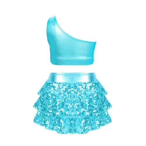Imagen 2 del producto Leotardos de Ballet con lentejuelas brillantes para niñas, traje de actuación de baile latino de Jazz, Top corto metálico con falda, pantalones cortos, Culottes