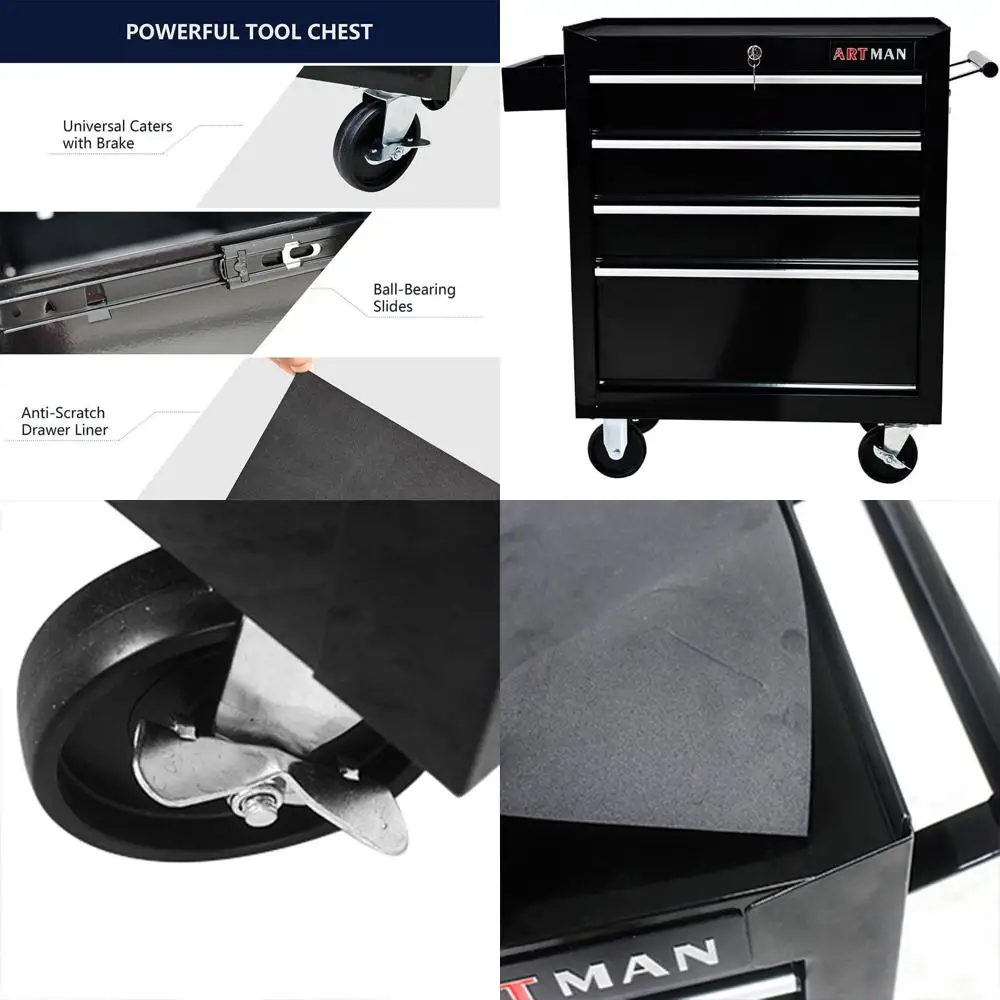 

Портативный стальной ящик для инструментов с 4 ящиками, шкаф для хранения на колесиках для мастерской и ремонта (черный)