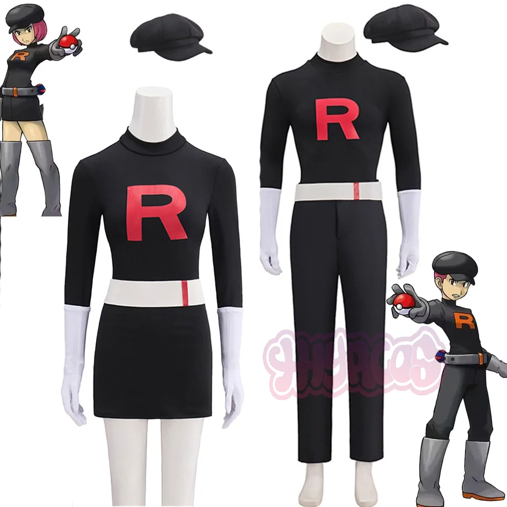 Anime Team Rocket Grunt Cosplay Kostüme Anime Schwarze Uniform Mütze Halloween Cosplay Kostüm Komplettset Damen Herren Karnevalsparty