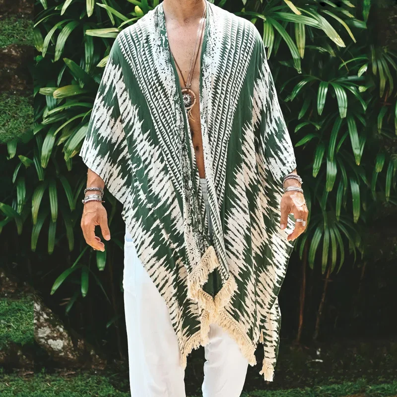 Men Tulum Linen Holiday Cardigan Men\'s Long White Cardigan Spring / Summer Thin Men\'s Sun Protection Shirt Fringe Long Cardigan