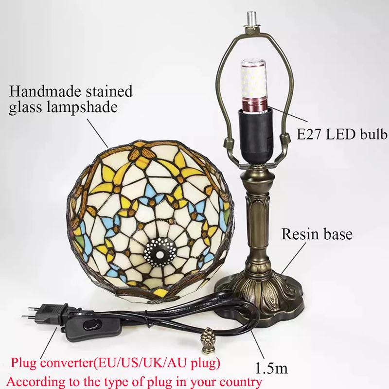 LED Tiffany Style Table Lamp  Retro Mediterranean Decorative Lights  E27 Color Glass LampshadeFor Nightstand Light Bedroom Cafe