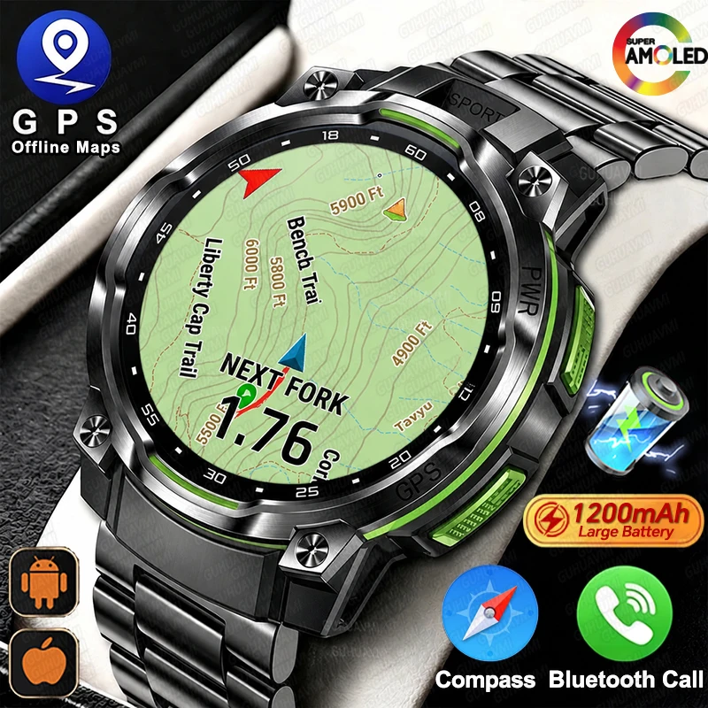 2026New GPS Offline Map Smart Watch Men 1200mAh Battery Compass Flashlight Waterproof Watches Chat-GPT BT Call Sport Smartwatchs