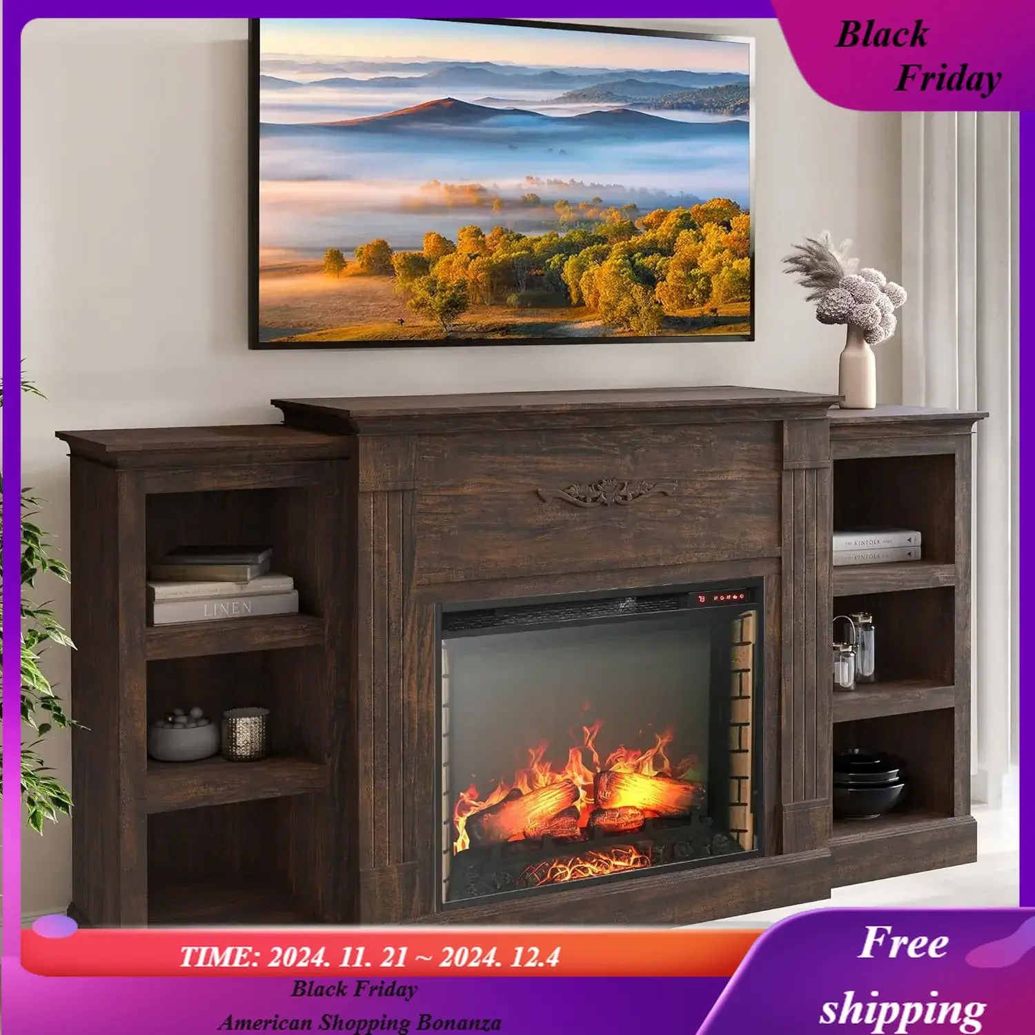 

Modern 70" Electric Fireplace Heater Mantel TV Stand & Media Entertainment Center for TVs up to 68" with Energy-Efficien