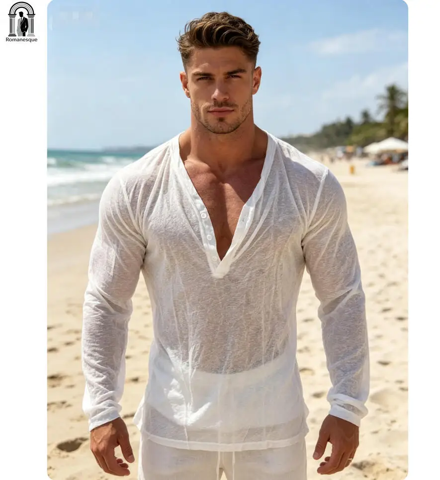 Men's Sheer Mesh Long Sleeve T-Shirt, Summer See Through V Neck Button Down Tee, Casual Breathable Beach Shirt for Gym Party