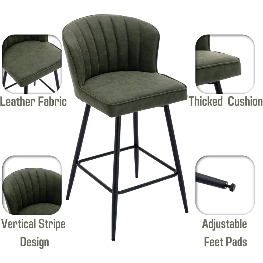 Green Leather Bar Stools Set of 2 Mid Century Modern Counter Stools 26 Inch Counter Height Stool Chairs Upholstered Kitchen Isla