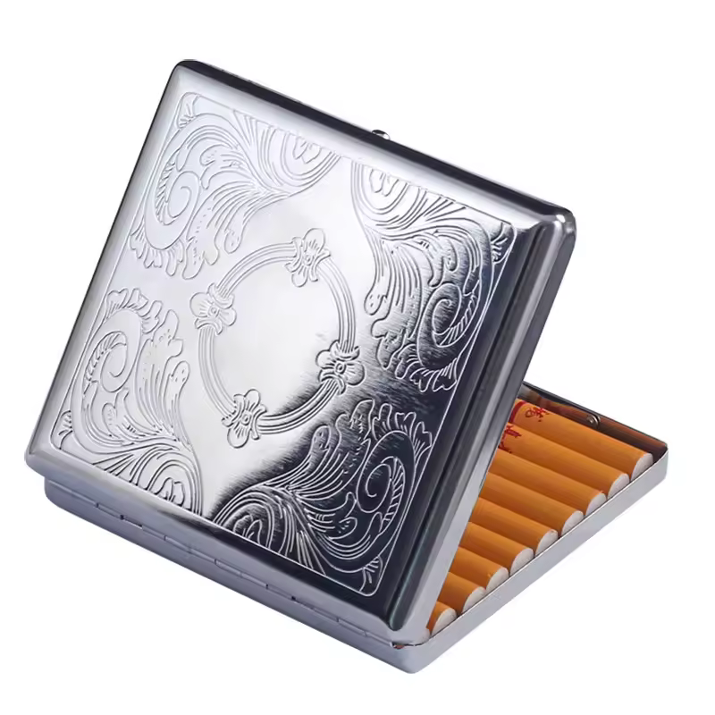 Paquete de 20 cigarrillos portátiles en relieve de acero inoxidable, resistentes a la presión, cigarrillos gruesos para hombres, modernos y portátiles