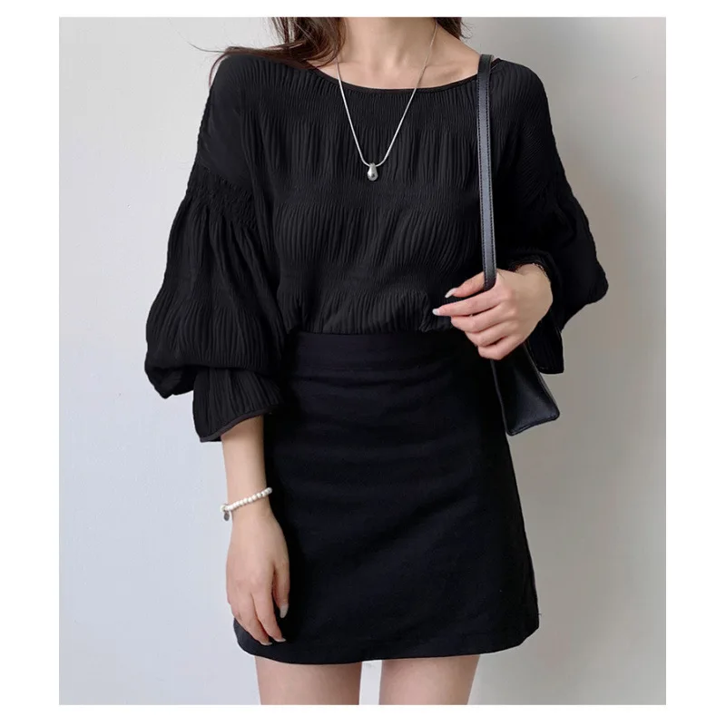 일본 라쿠텐 인스 루즈 플리츠 플레어 슬리브 쉬폰 블라우스