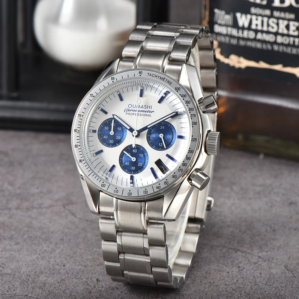 39.5mm OUMASHI Men's Watch Moon Design Superb Style Six Pin Automatic Date Speed Timer Sapphire Mirror VK63 Movement