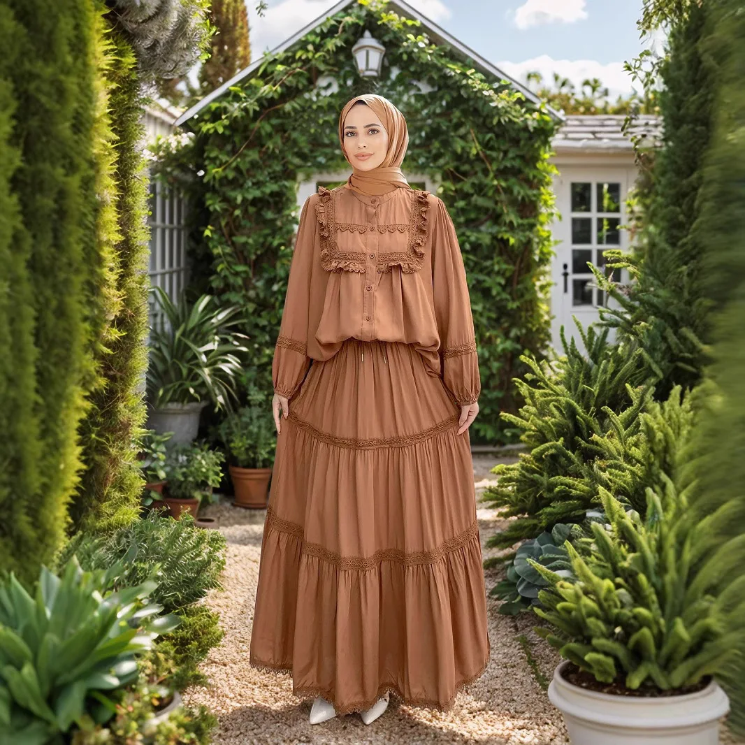 

Мусульманские новые модные женские однотонные повседневные модные элегантные свободные комплекты из 2 предметов, топы с длинными рукавами, юбка, 2025 г., Ближний Восток