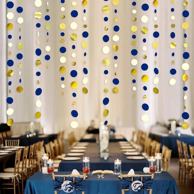 46 Ft Navy Blue Gold  Birthday Decor Circle Dots Garland Hanging Paper Polka Dot Streamer Graduation Baby Shower Party Supplies