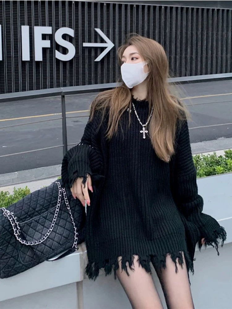 QWEEK Gothic Harajuku Black Sweaters Pullover Oversize Women Mall Goth Tops Streetwear Korean Fashion 2022 Autumn Knitwear