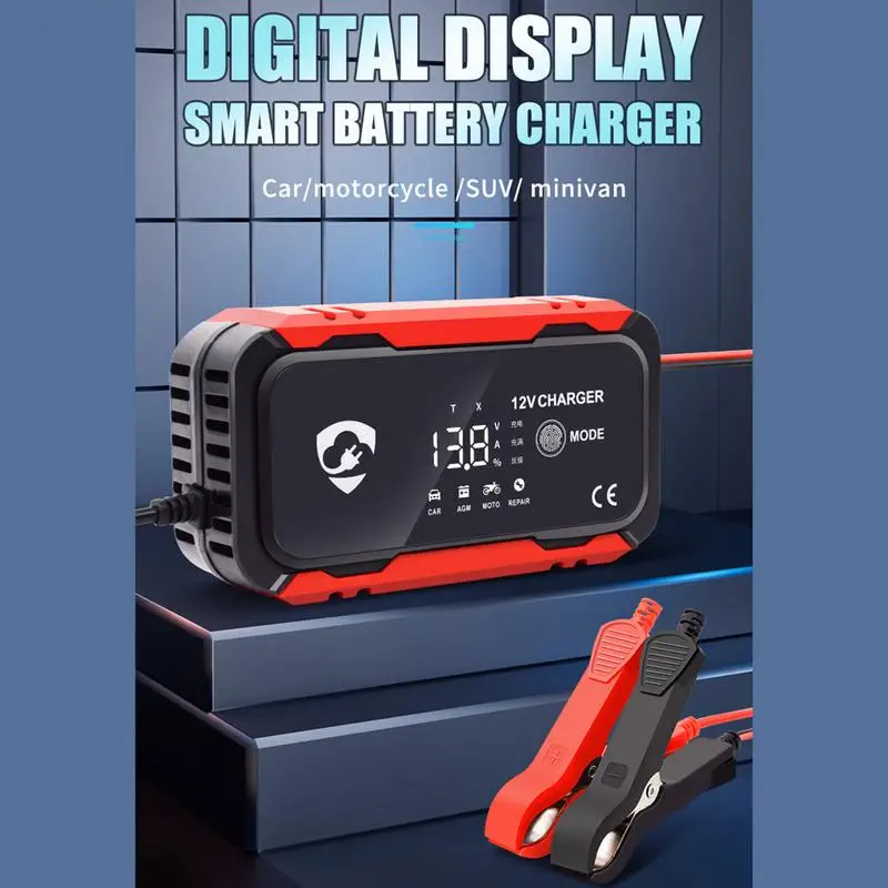 

12V Intelligent Car Battery Charger Car and Motorcycle Battery Charging Unit Lead-Acid Battery Repair LCD Display
