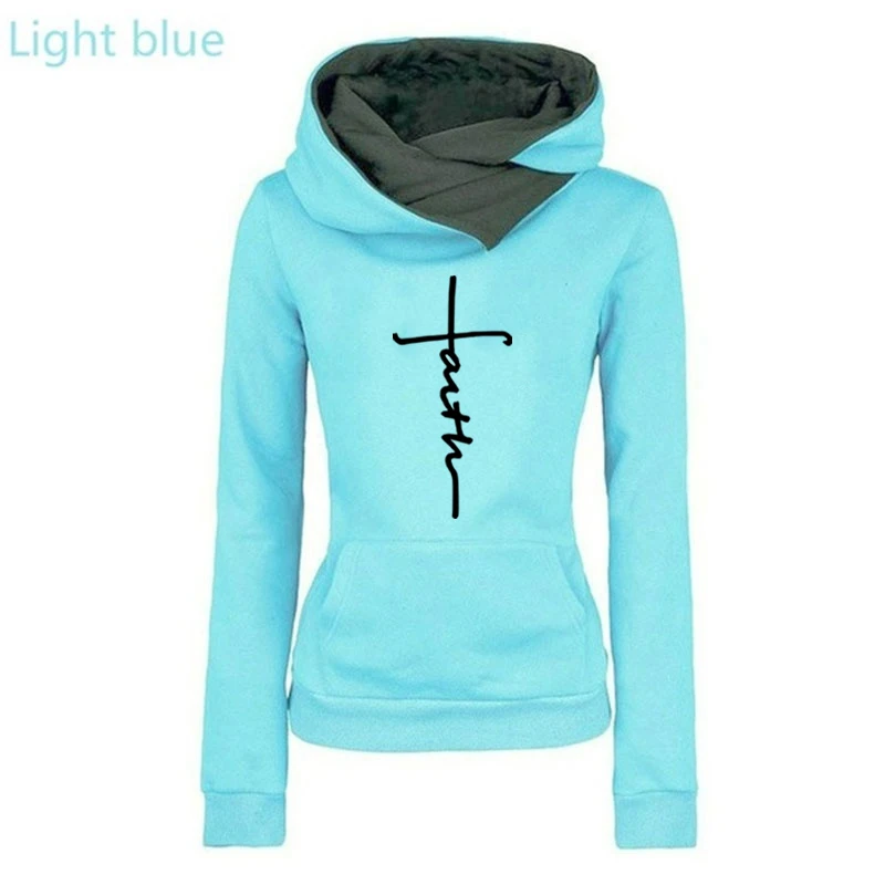 Autumn And Winter Fashion Faith Print Hoodies Lapel High Collar Long Sleeve Hooded Sweatshirts Casual Pullover Tops Sweater