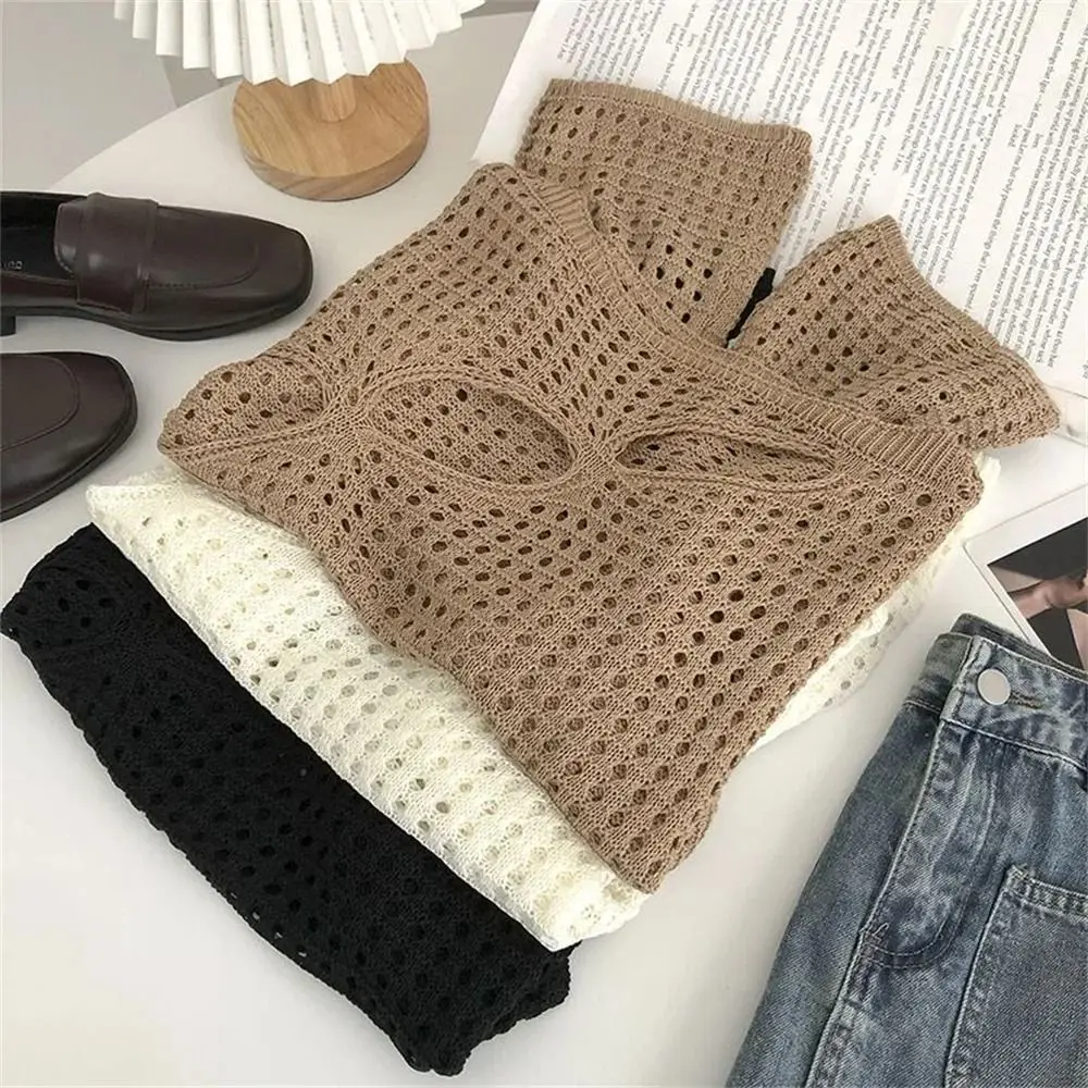 High Street Sweater Long Sleeve Hollowed Out Smock Loose Pullover Solid Cropped Tops Round Neck Y2K Hollow Out Knit Tops Summer
