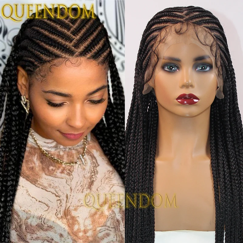 36 Inch Synthetic Braid Wig Lace Frontal Faux Locs Middle Parted Tribal Braids Wig For Black Women Jumbo Box Braided Cornrow Wig