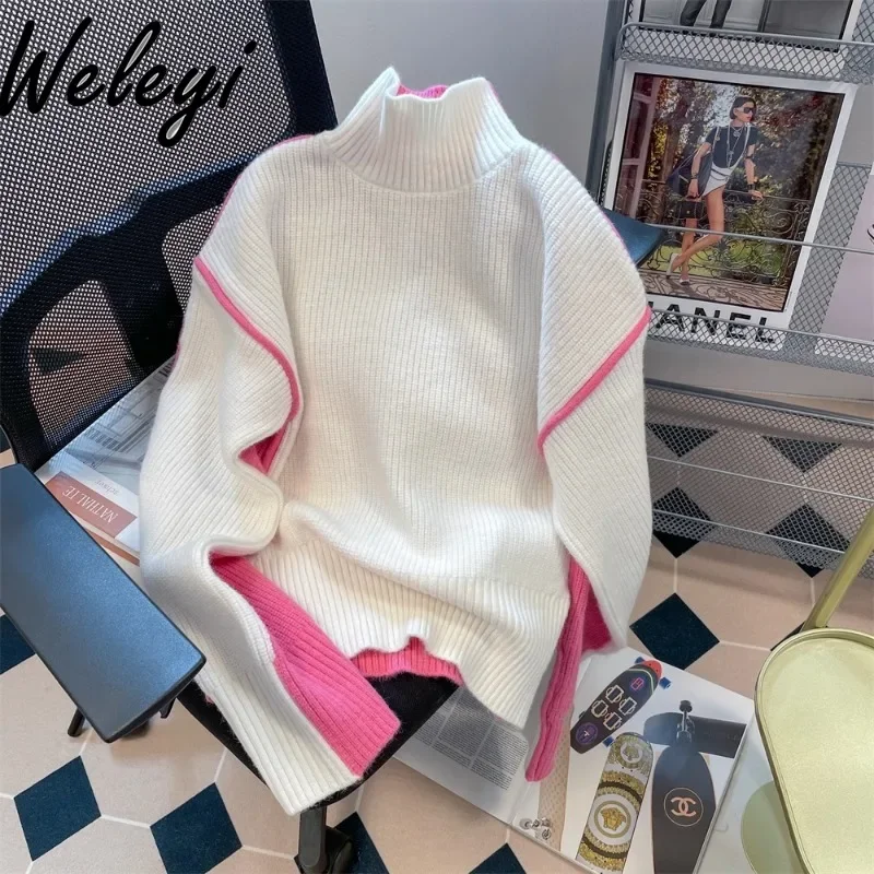 High Grade Thickened Color Contrast Patchwork Sweaters Women\'s Thermal Turtleneck Knitted Inner Match Bottoming Pullover Sweater