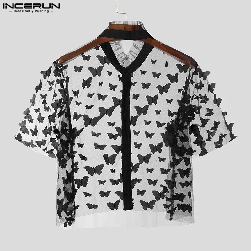 Fashion Party Shows Style Tops INCERUN 2024 Men Personality Print Shirt Sexy Casual Male Thin Cropped Short Sleeved Blouse S-5XL