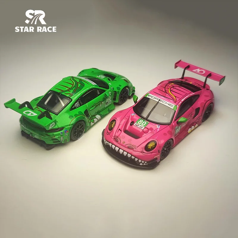 1:64 Sr911 Gt3 Groene Dinosaurus Poeder Dinosaurus Serie Simulatie Legering Miniatuur Diecasting Auto Model Aangepaste Collectie Speelgoed Cadeau