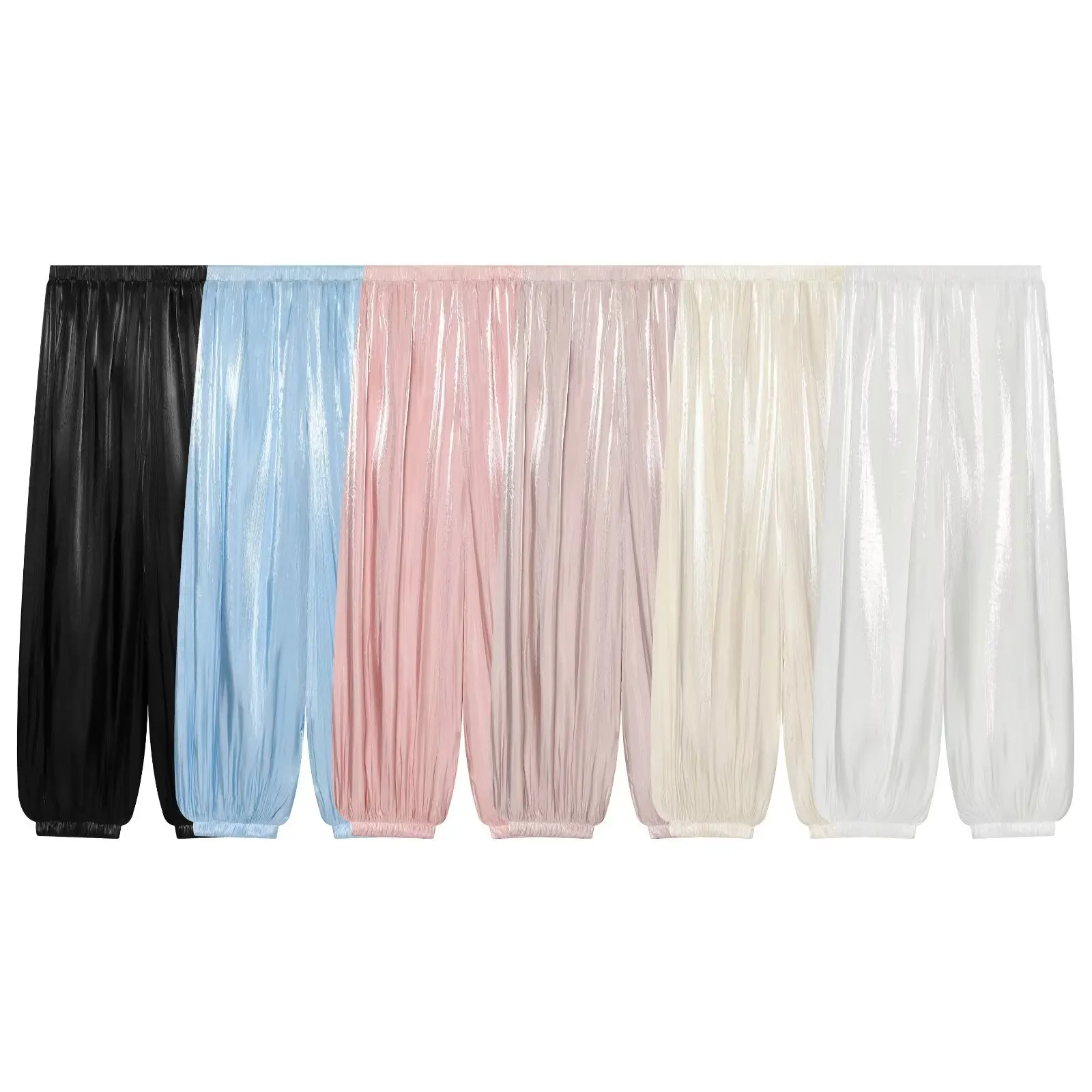 DUOPERI Women Multi-color Glossy Satin Lantern Cuffed Pants High Waist Loose  trousers  Female Chic Lady Casual Vacation Pants