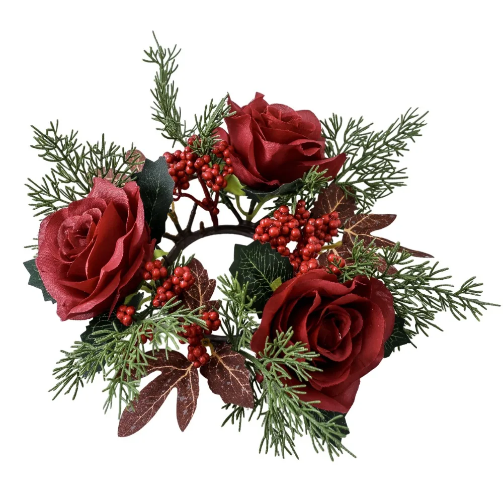 

Artificial Flower Christmas Candle Wreath 30CM Red Rose Candle Rings Romantic Party Supplies Candlestick Wreath Christmas Decor