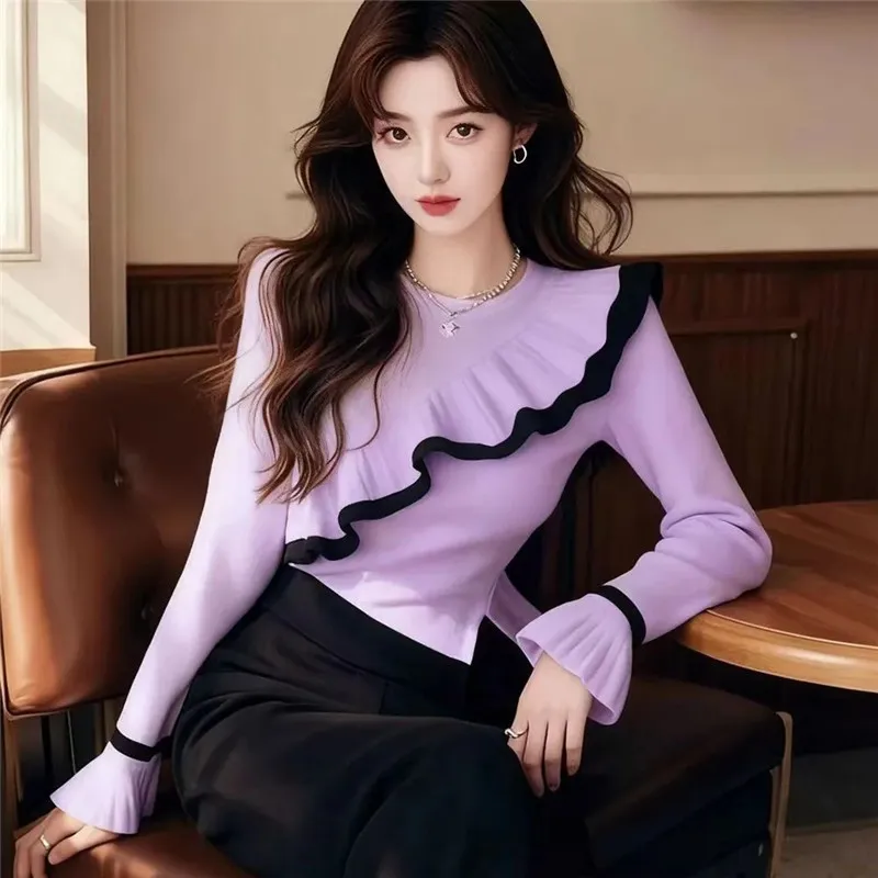

2026 Autumn Winter Women's Irregular Contrast Ruffled Temperament Ladies Bottoming Shirt with Female Slim Flared Sleeve Top.