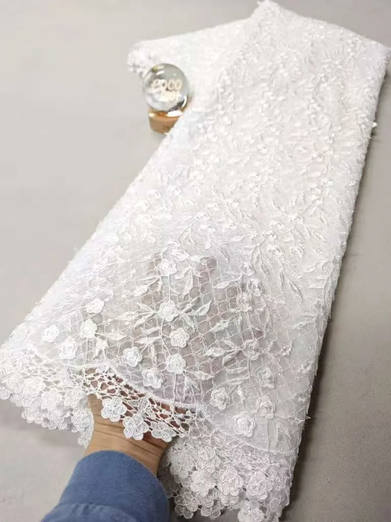 

2025 Latest High Quality African Nigerian With Tulle Sewing Guipure Lace Fabric Embroidery Dresses Sequins cotton 5Yards XL152