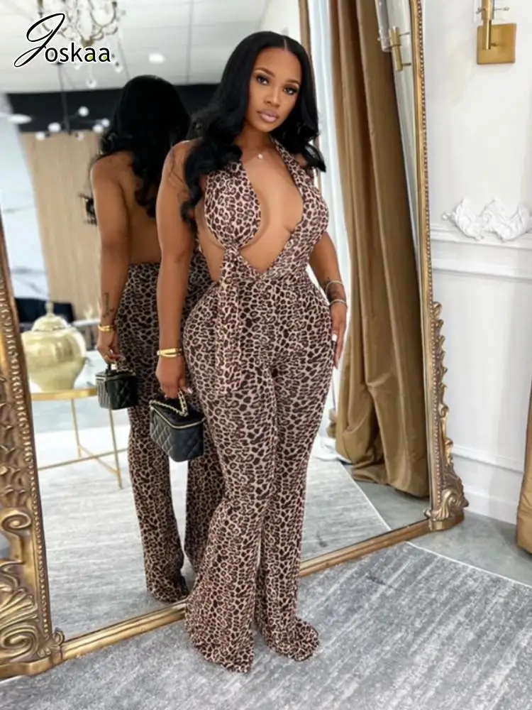 

Joskaa 2025 Women's Leopard Print Halter Bodycon Jumpsuit Sexy Mesh Deep V Backless Skinny One Piece Rompers Midnight Clubwear