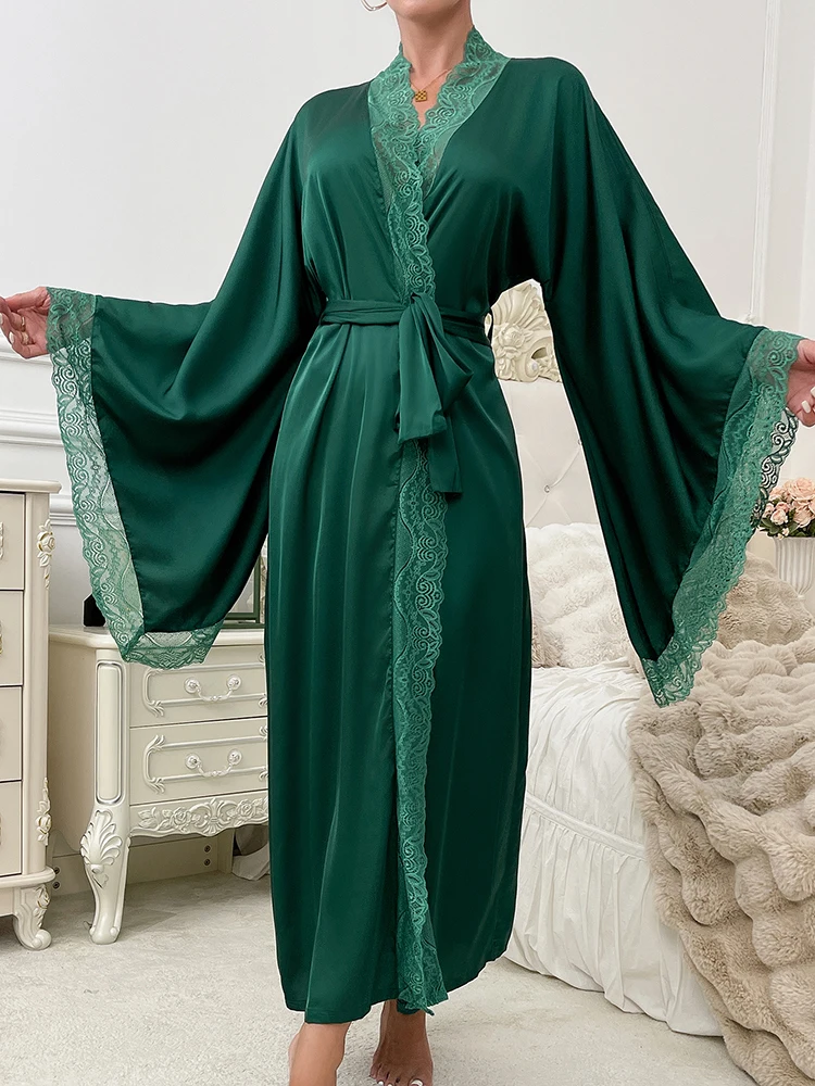 Abito da donna Luxuy Satin Pijama Lace Trim Manica svasata Abito da doccia Comodo setoso Accappatoio per la casa Lungo scollo a V Camicie da notte sexy