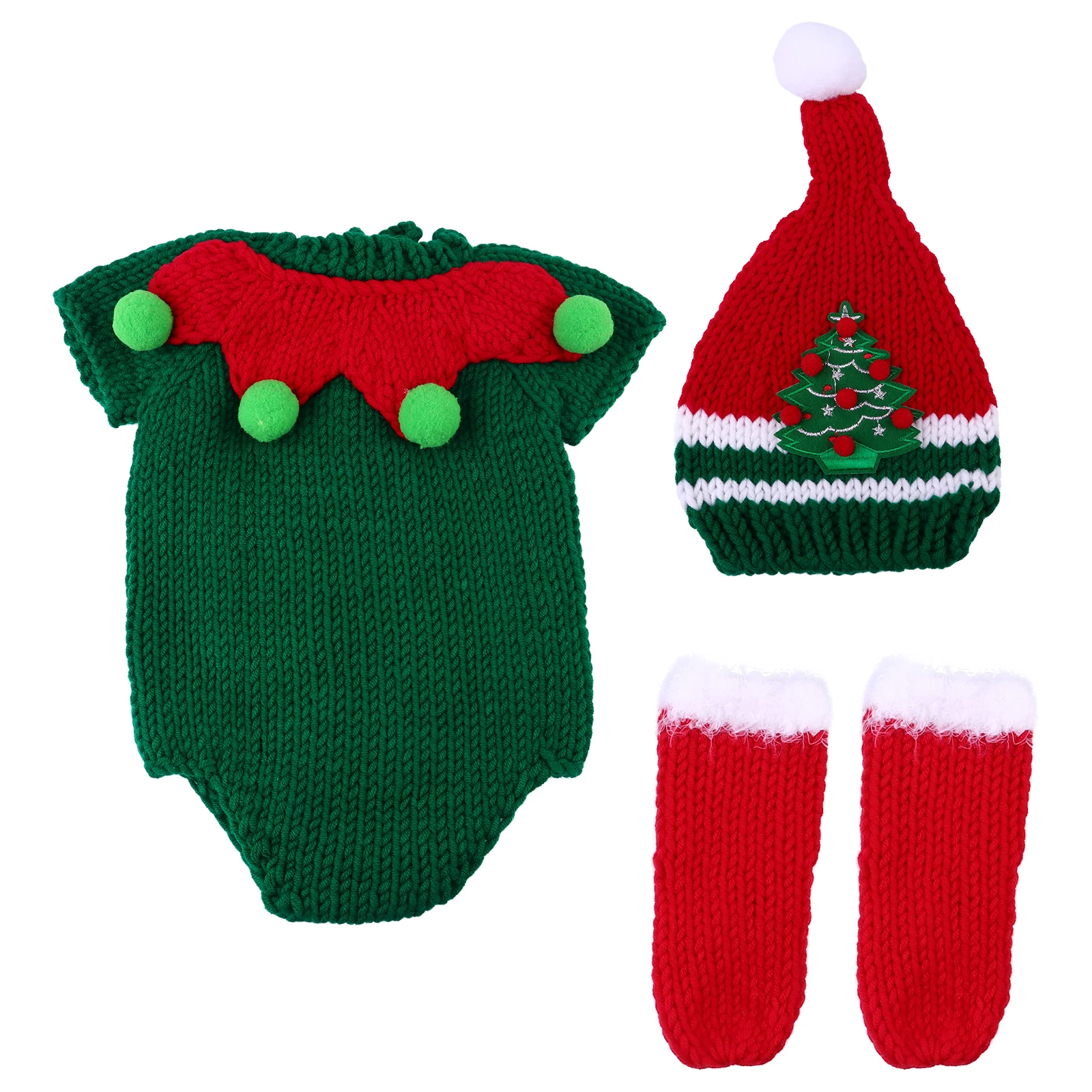 

Christmas Baby Costume Knitted Outfits Photography Props Newborn Xmas Clothes Santa Hat Bodysuit Shoes Red Festive Wear Toddler