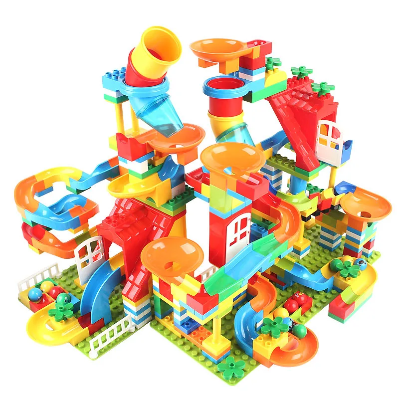 Marble Run bloques de construcción grandes, pista deslizante de dinosaurio, bola rodante Twister, embudo, piezas de catapulta, juego de laberinto,