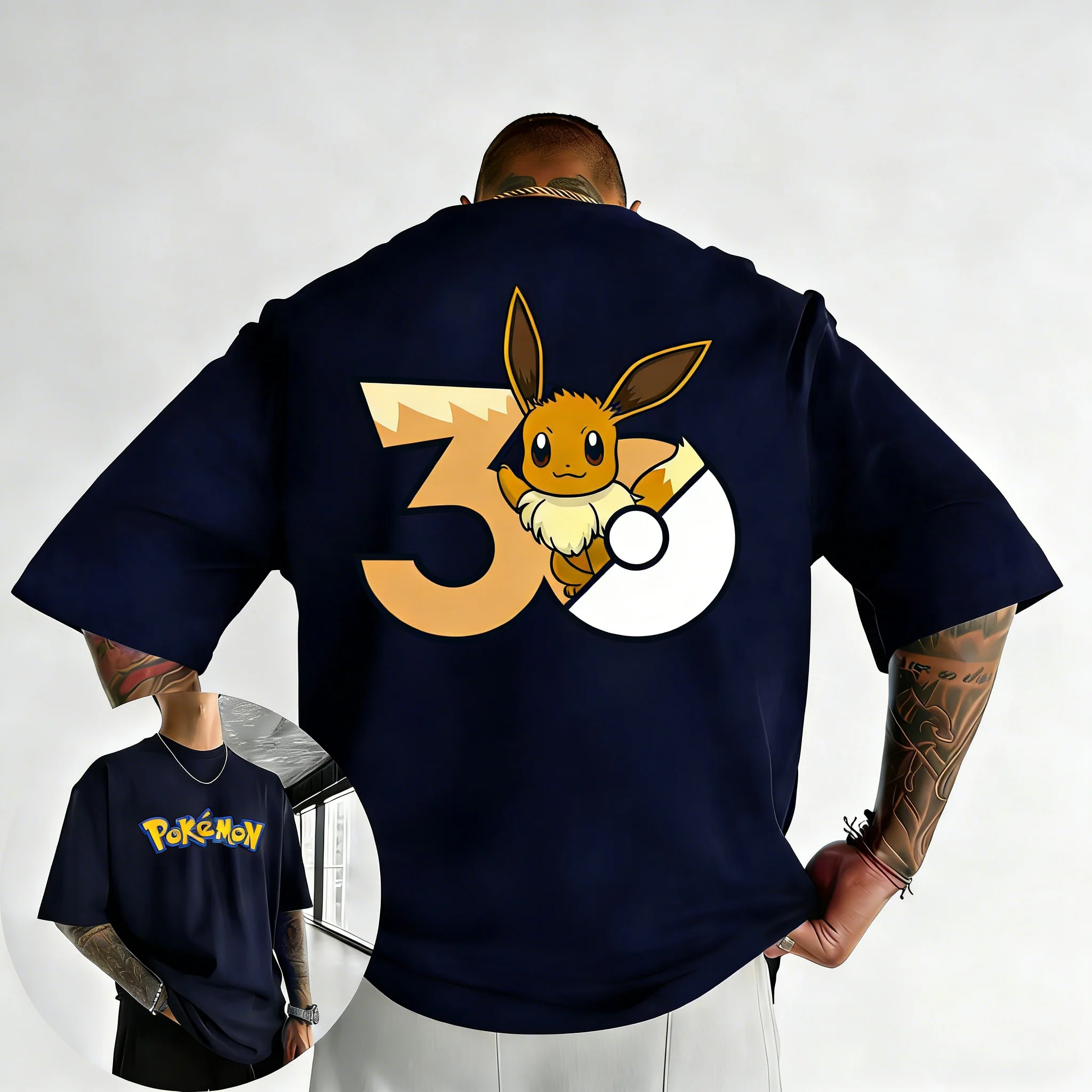 2026 Pokémon 30. Jubiläum Eevee Bedrucktes T-Shirt Sommer Neu Herren und Damen Trendiges Großes Lockeres Lässiges Y2K Kurzarm-Oberteil – Detail 13