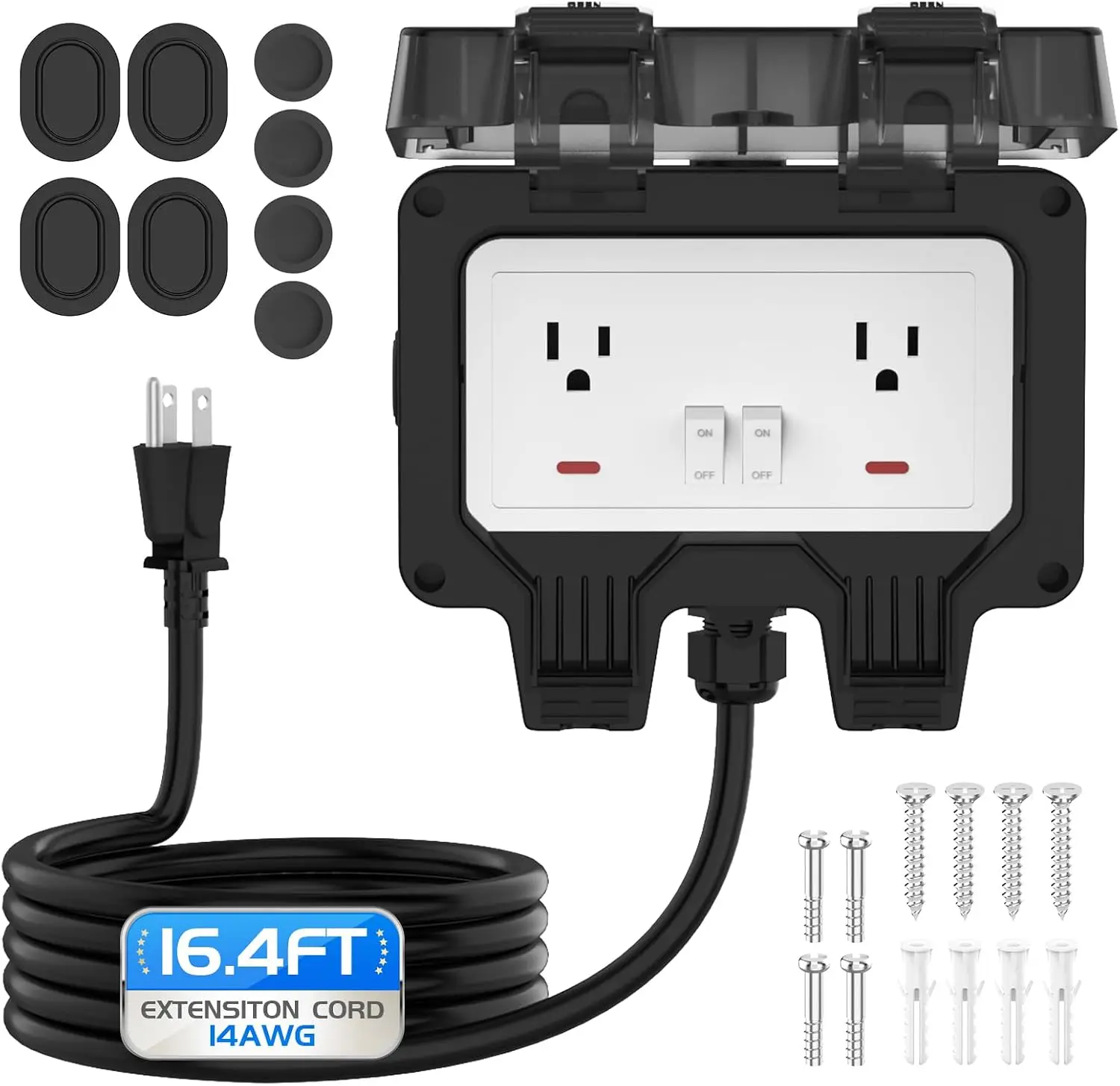Outdoor Outlet Box With 16.4Ft Extension Cord, NEMA 5-15R, STW 14 AWG, IP66 Waterproof Power Extender On/Off Switch & LED