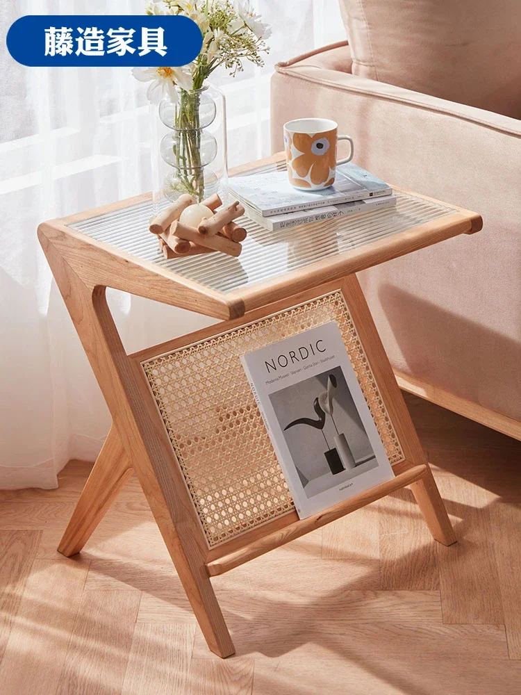 sofas, side tables, bookshelves, small-sized glass, square Japanese-style corners and a few solid wood magazine rack.