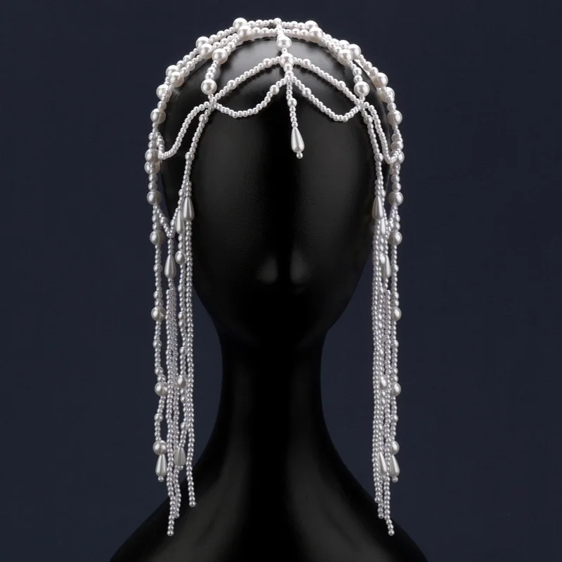 Handmade Pearl Tassel Hair Chain White Wedding Veil Net Hat Hair Accessory Bridal Groomsmen Decorations image 5