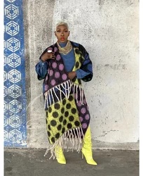 Yeni kış kadın bulanık uzun hırka moda daire baskılı gevşek püsküller kalın silgi ceket afrika bayan uzun kimono ceket