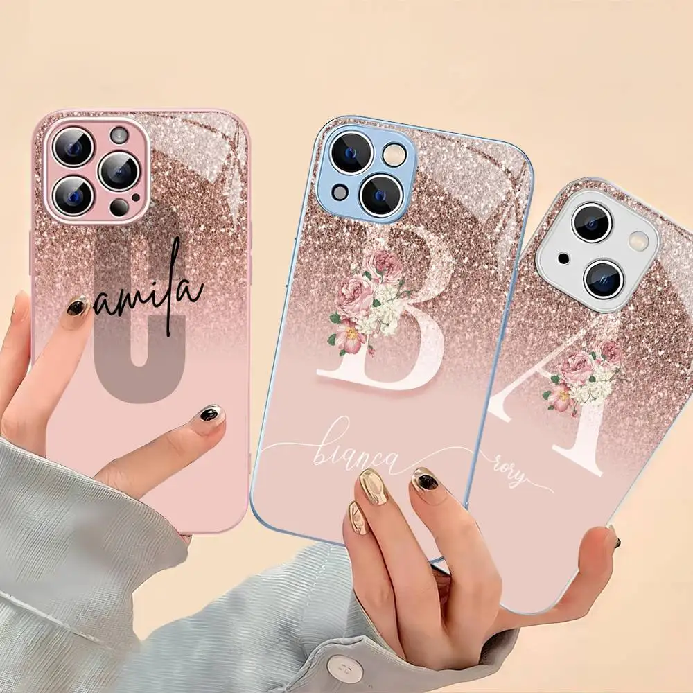 

Letter Pink Shiny M R Clear Tempered Glass For Iphone 14 13 12 11 Pro Mini XS MAX 14Plus X XS XR Fundas
