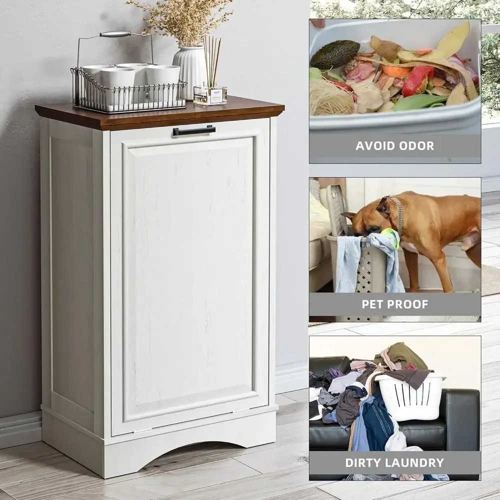 Antique White Kitchen Trash Bin Cabinet with Deodorizing Function and Pet Proof Lid for Recycling and Garbage Storage