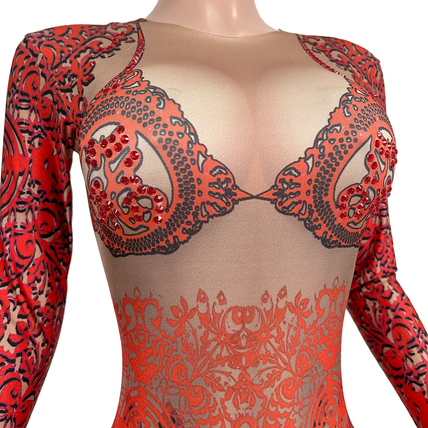 

Red Pattern Rhinestone Stage Performance Jumpsuit Women Drag Queen Festival Clothing Club Outfits Spandex Rompers Dance Playsuit