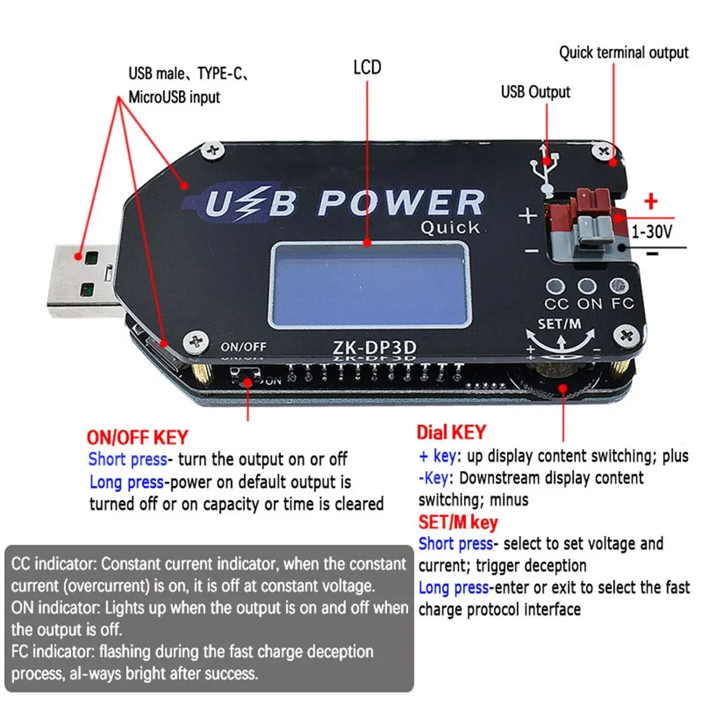 ZK-DP3D CNC USB TYPE-C DC Converter CC CV 1-30V 2A 15W Power Module Adjustable Regulated Power Supply QC2.0 3.0 AFC
