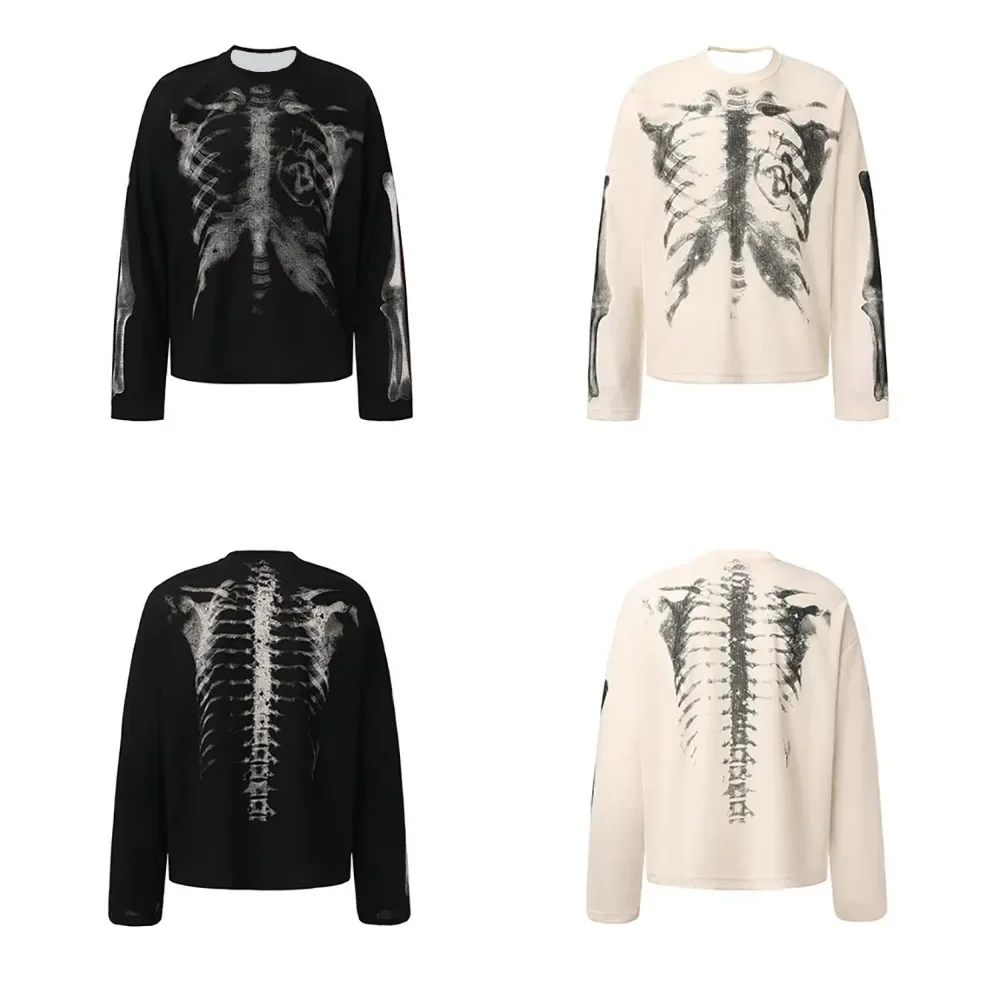 2026 Autumn/Winter Retro Skull Halloween Printed Long Sleeve T-shirt Y2K Loose Casual Fashionable Men's and Women's Street Top