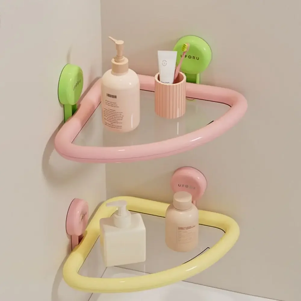 Plastic Suction Cup Triangle Shelf Dopamine Color Wall Mounted Shower Organizer Drainable Punch Free Corner Storage