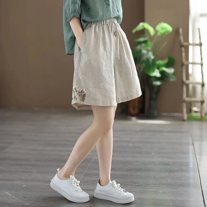 Women's Summer New Arrival Loose Wide Leg Mid Thigh Shorts Vintage Literary Embroidered Casual Commute Wear